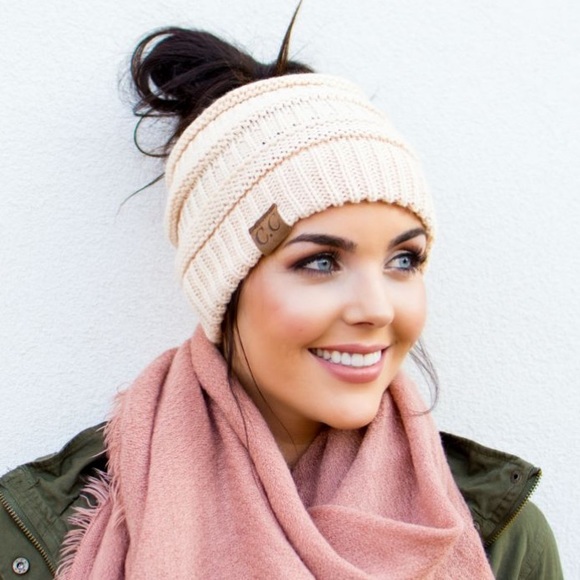 C.C Ponytail/Messy Bun Dark Gray Metallic Beanie - Picture 3 of 3